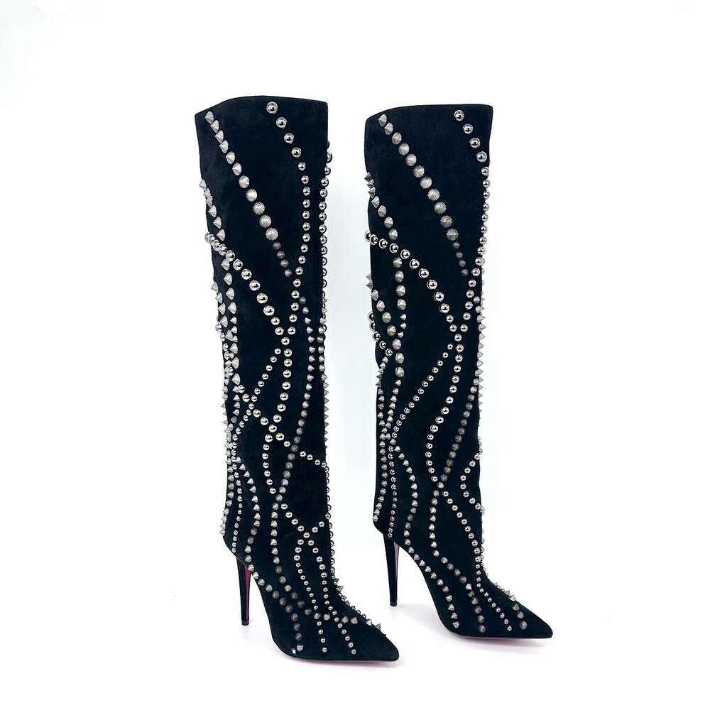 NIB Christian Louboutin 36.5 Astrilarge Botta Pika Black Suede Knee High Boots